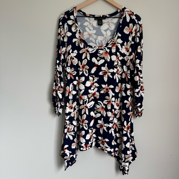 Grace Elements XL Floral Asymmetrical Hem Tunic Top Stretchy Artsy Print Casual - Picture 2 of 11